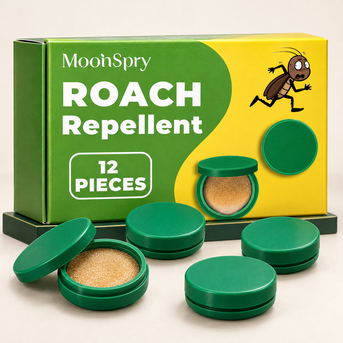 Caja MoonSpry y cebos verdes sobre una superficie clara