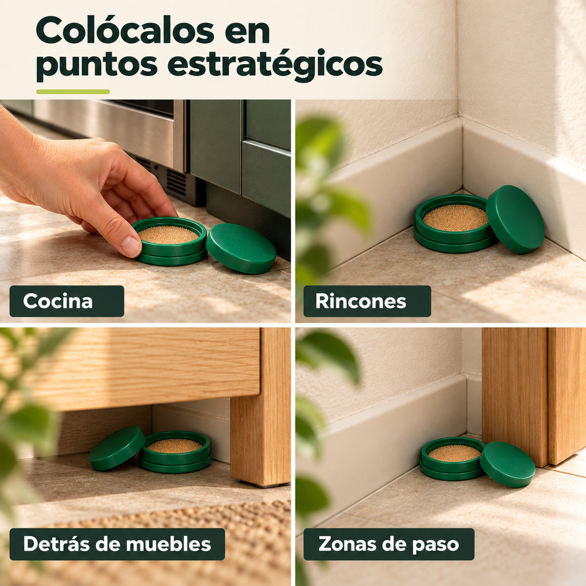 Cebos MoonSpry colocados en cocina, rincones, detrás de muebles y zonas de paso
