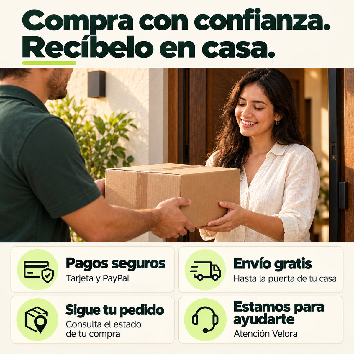 Entrega de un paquete y opciones de pago, envío, seguimiento y atención Velora