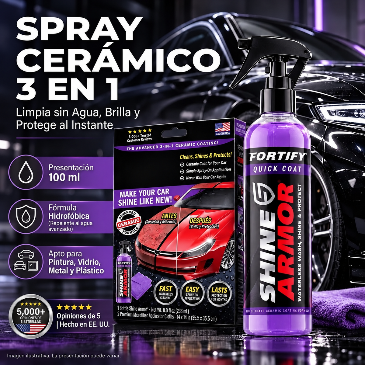 Spray cerámico Fortify Quick Coat de Shine Armor junto a un auto